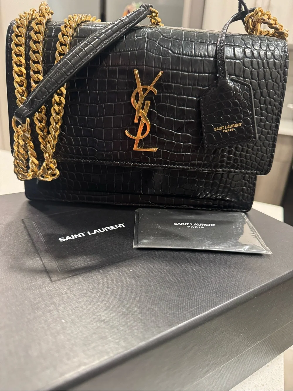 Saint Laurent Sunset Black Croc-Embossed Suede-Trim Shoulder Bag